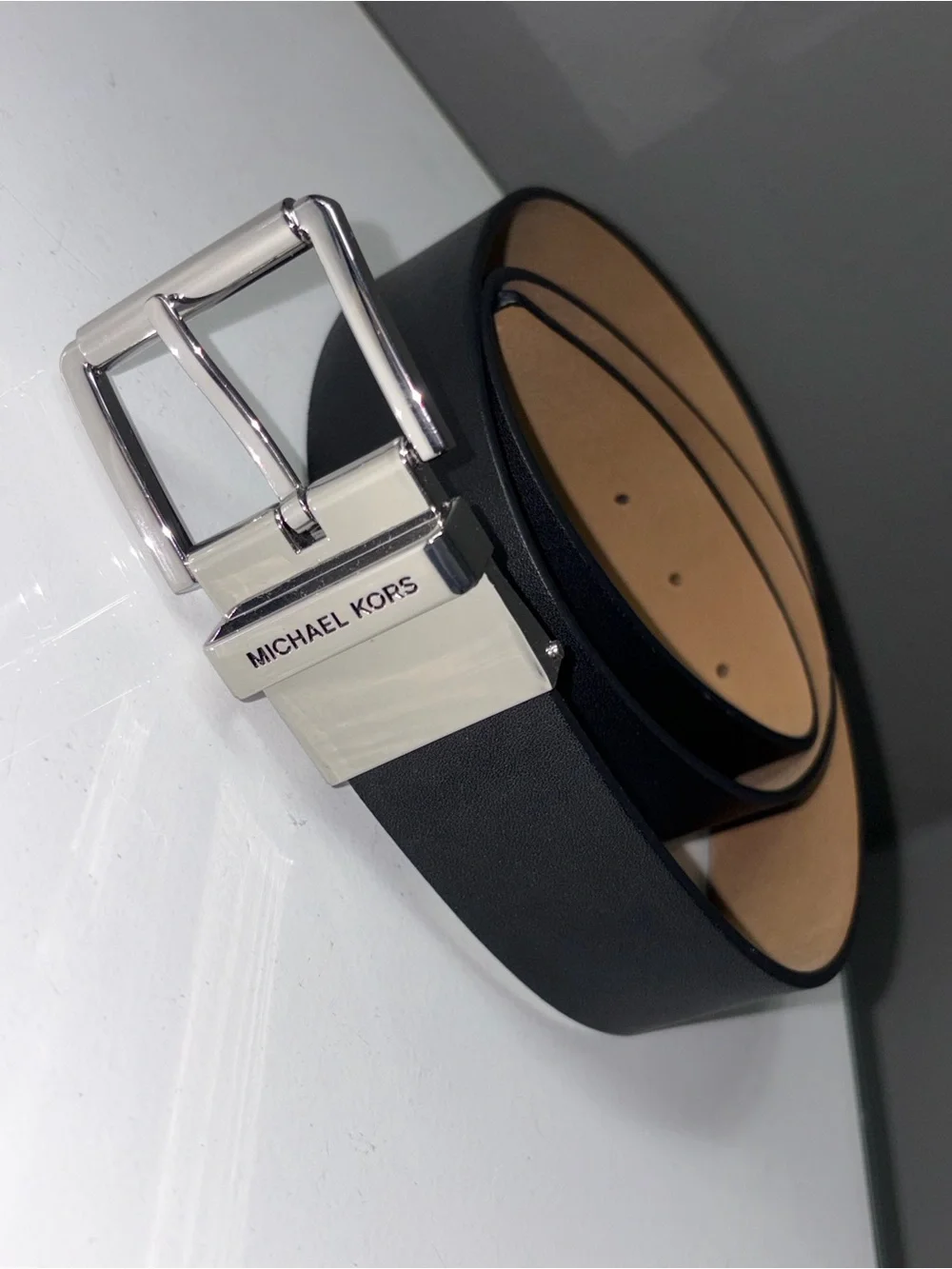 Michael Kors Gold MK Buckle All over Print Belt & Silver Buckle Solid Black Belt